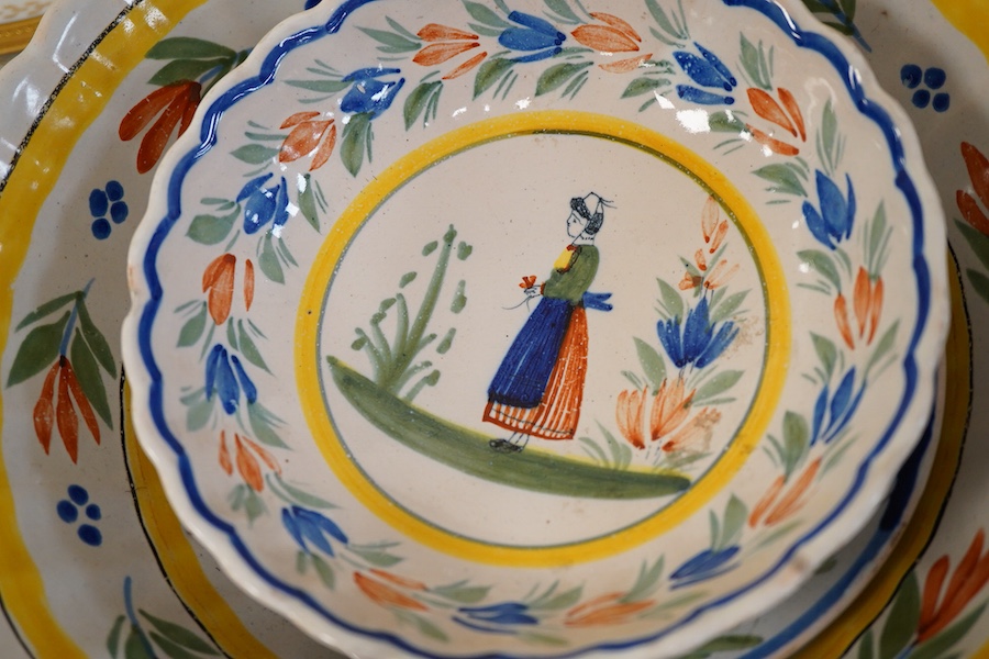 Quimper tableware (five) and eleven green-glazed leaf plates and similar dish- 17.5cm wide.